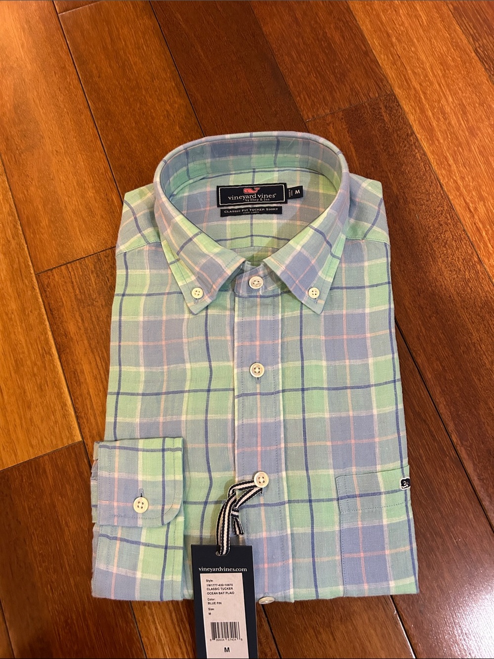 Vineyard Vines Light Green and Light Blue Plaid Button-Down Shirt
